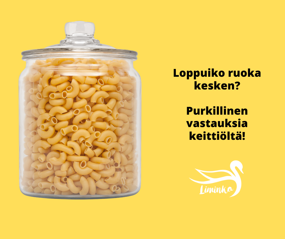 Loppuiko ruoka kesken? Purkillinen vastauksia keittiöltä. Kuvassa on lasipurkillinen makaroneja.