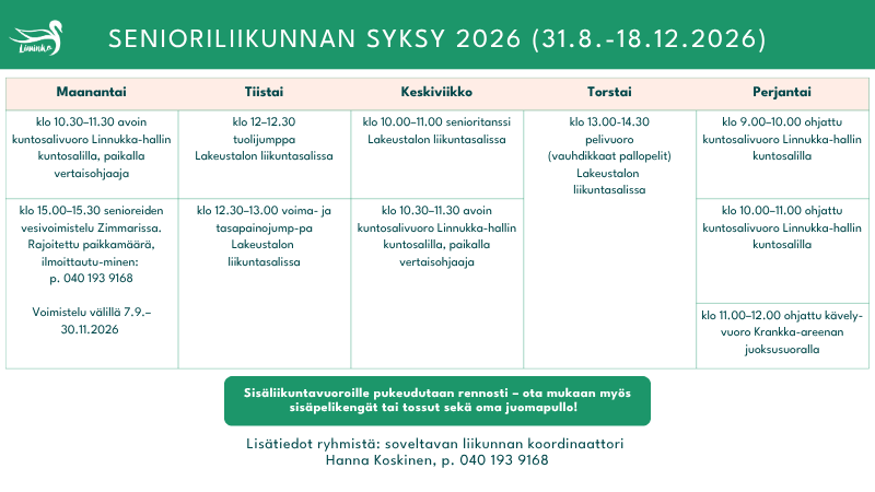 Kuvassa senioriliikunnan syksyn viikkokalenteri.