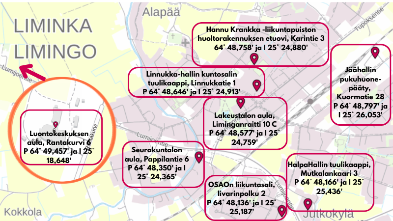 Sydäniskurien paikat Limingan keskustassa:Hannu Krankka -liikuntapuiston huoltorakennuksen etuovi, Karintie 3. Linnukka-hallin kuntosalin tuulikaappi, Linnukkatie 1. Lakeustalon aula, Liminganraitti 10 C. Seurakuntalon aula, Pappilantie 6. OSAOn liikuntasali, Iivarinpolku 2. HalpaHallin tuulikaappi, Mutkalankaari 3. Jäähallin pukuhuone- pääty, Kuormatie 28. Luontokeskuksen aula, Rantakurvi 6.