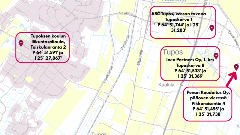 Sydäniskurien sijainnit Tupoksessa. Tupoksen koulun liikuntasaliaula, Tuiskulanranta 2. ABC Tupos, kassan takana Tuposkorva 1. Inex Partners Oy, 1. krs Tuposkorva 8. Penan Raudoitus Oy, pääoven vieressä Pikkaraisentie 4.