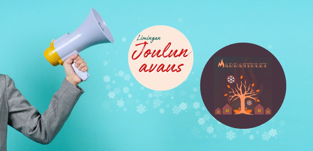 Käsi pitelee megafonia, tapahtumagrafiikat kuplissa taustan päällä.