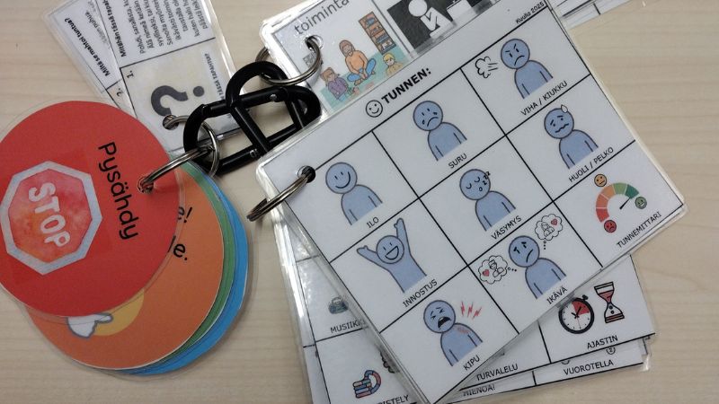 Valokuvassa piirrettyjä eleitä ja liikkeitä, joilla voi ilmaista tunteita.