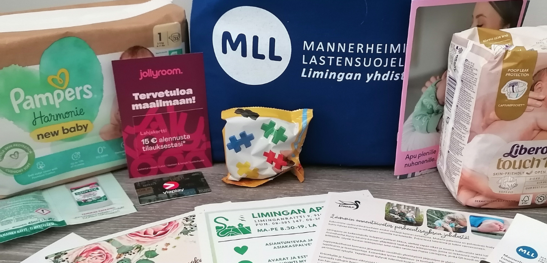 MLL:n Limingan yhdistyksen vauvakassin sisältöä.